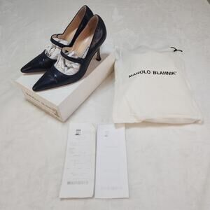 Vintage Manolo Blahnik Campari Heels 37.5 7.5 Navy Blue Pointed Toe Mary Jane